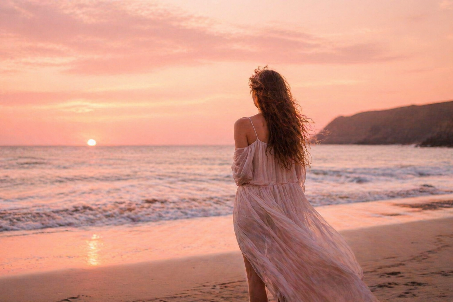 Une femme face à la mer au coucher de soleil